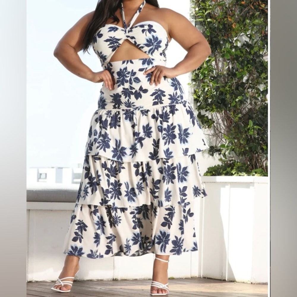 2x Ivory and Navy Floral Halter Dress Fashion Nova